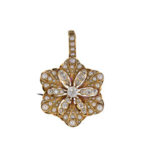 
	
		An Edwardian diamond and half- pearl flower pendant/brooch, the old-brilliant-cut diamond...
