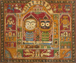 
	
		The Jagannath triad in the Puri temple, Orissa, first half 20th century, opaque pigments...