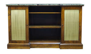 
	
		A Regency rosewood inverted breakfront side cabinet, the later green marble top above...
