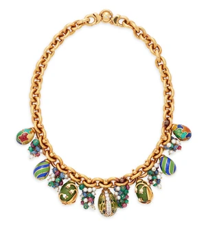 An Italian enamel and gem-set festoon necklace, the front portion composed of gradauted enamel...