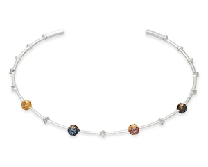 A diamond and coloured diamond torque collar necklace, set with yellow, brown, and pink diamond...