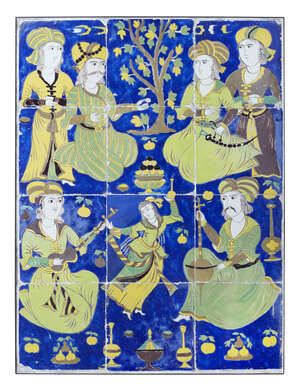 
	
		A large Qajar cuerda seca tile panel, Iran, 19th century, in the Safavid style, depicting...