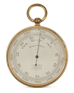 
	
		A late Victorian brass aneroid barometer, by J. Hicks, London, late 19th/early 20th...