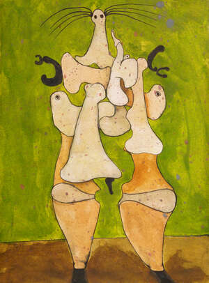 Desmond Morris,
		British b. 1928-
		 
		Illusions of Ancestry;
		 
		oil, inks and watercolour on paper, signed with initials and dated 88, 29.4 x 20.9