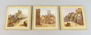 Three English pottery tiles, 19th century, depicting Rodez Cathedral, Criccieth Castle and Dillisham on the Dart, 20.5 x 20.5cm (3)
