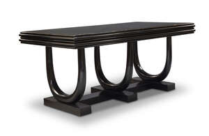 
	
		Italian Art Deco, an ebonised extending dining table and six chairs, in the manner of...