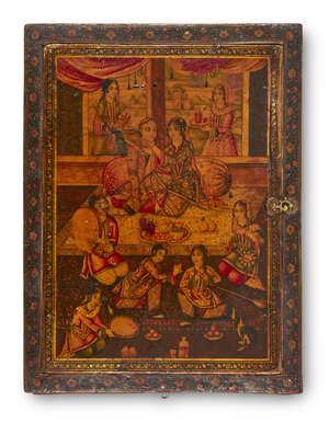 
	
		A Zand lacquer papier mache cosmetic case, Iran, late 18th century, of rectangular form,...
