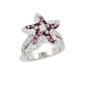 Kutchinsky. A diamond and pink sapphire ring, the central plaque designed as starfish, set with five graduated pink sapphire lines, with brilliant-cut diamond 