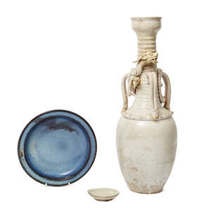 Three pieces of Chinese pottery, Song dynasty and later, comprising a Song white glazed narrow bottle vase with three applied loop handles and a coiled dragon 