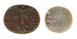 A carved red and green jasper talismanic stone,Iran, 19th century,
together with another...