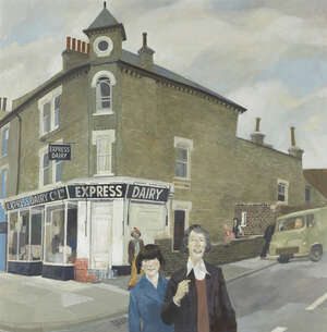 
	
		Jim Russell, 
		British 1933-2002 - 
		 
		Express Dairy, Northcote Road; 
		 
		oil...