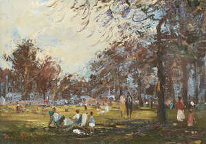 
	
		Roy Petley, 
		British b.1950- 
		Afternoon in the park; 
		oil on paper, signed lower...