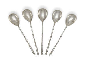
	
		Five Russian 84 silver and niello teaspoons, Moscow, c.1899, unknown assay master with...