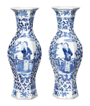 
	
		A pair of Chinese porcelain hexagonal vases, 19th century, painted in underglaze blue...