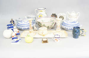 
	
		A Victorian printed and painted dressing table set, to comprise tray, candlesticks and...