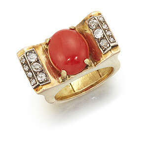 
	
		A 1940s gold, diamond and coral ring, of Odeonesque design, the saddle shaped ring with...