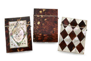 
	
		A tortoiseshell and mother of pearl rectangular card case, 19th century, with hinged top,...