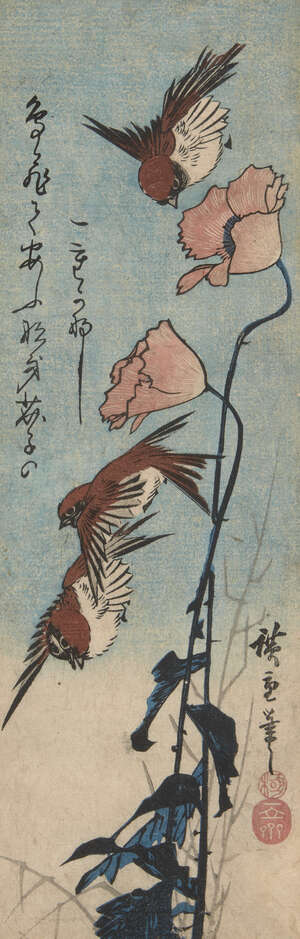 
	
		Utagawa Hiroshige, Japanese 1797-1858, Sparrows and Poppies, c.1835, woodblock print in...