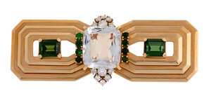 
	
		An aquamarine, tourmaline and diamond brooch, of geometric design, centring on a...