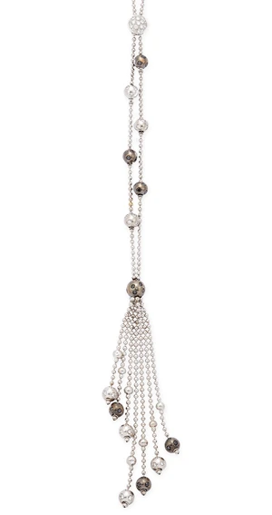 A diamond set tassel necklace, the tassels composed of ball link chains, with diamond and black...