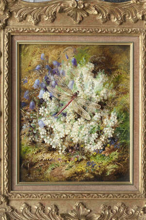
	
		Albert Durer Lucas, 
		British 1828-1918- 
		 
		Dragonfly and flowers on a mossy...