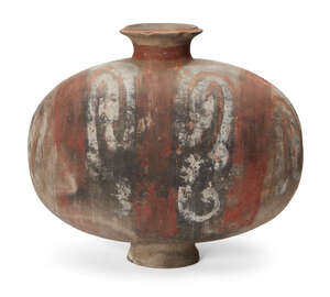 
	
		A Chinese grey pottery cocoon jar, Han dynasty, the body painted in shades of salmon...