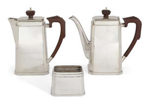 
	
		A three piece silver café-au-lait set, London, c.1936, Goldsmiths and Silversmiths Co., 