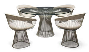 
	
		Warren Platner (1919-2006), a Platner dining table and four Platner armchairs for Knoll...