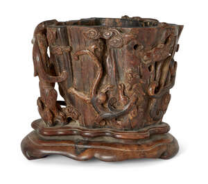 
	
		A large Chinese aloeswood (chenxiangmu) brush pot, 17th/18th century, intricately carved...