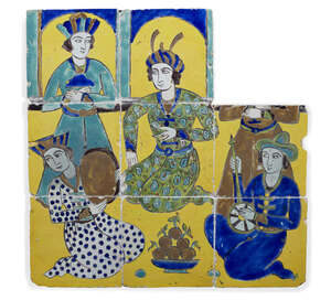 
	
		A Qajar cuerda seca tile panel, Iran, 19th century, in the Safavid style, depicting a...