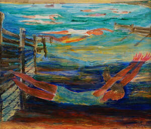 
	
		Lorna Vahey NEAC,
		British 20th/21st century-
		 
		Shallowly Drowning;
		 
		oil...