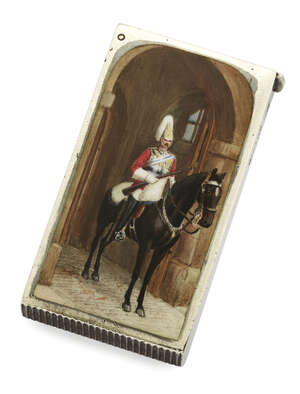 A Victorian silver and enamel vesta case, London c.1898, Sampson Mordan & Co., the front enamelled with a mounted British Household Cavalry officer (Life Guard