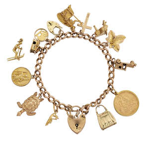 
	
		A 9ct gold charm bracelet, comprising: fourteen various charms suspended from a curb-link...