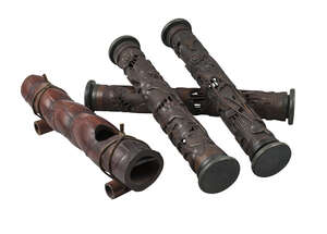 
	
		Three Japanese bamboo perfume holders, 20th century, carved and pierced with flowering...
