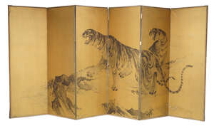 
	
		A Japanese six-section five-fold screen, early 20th century, ink and colour on silk,...
