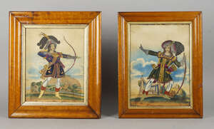 
	
		Two Theatrical tinsel pictures of Mr Payne as Robin hood and Mr King as Little John, mid...