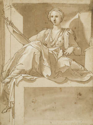 Studio of Taddeo Zuccaro, 
		 
		Italian 1529-1566- 
		 
		Seated woman holding a staff; 
		 
		pen and brown ink and brown wash heightened with white