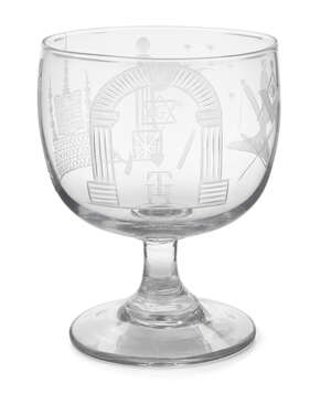 
	
		A Masonic glass rummer, c. 1830, of typical form, the bowl engraved with Masonic symbols,...