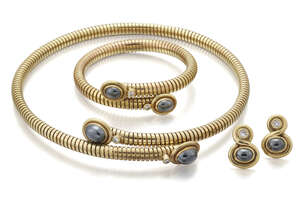 
	
		A gold, diamond and hematite parure, by Deakin & Francis, comprising a collar, bangle and...