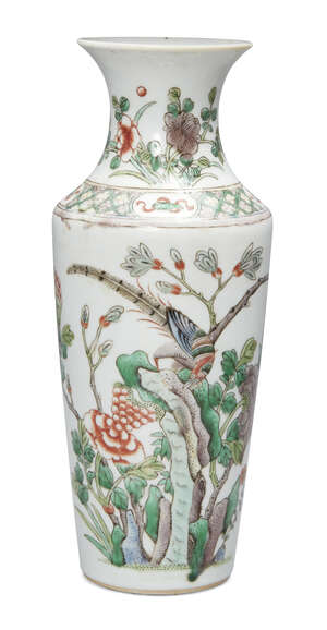 
	
		A Chinese porcelain vase, 19th century, painted in famille verte enamels with a bird...