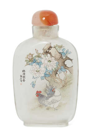 
	
		A Chinese inside-painted glass snuff bottle by Sun Jijie, dated 1971, finely painted to...