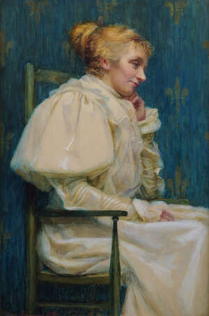 
	
		Maude Benham, British act. 1894-1903-  Portrait of lady seated three-quarter length in a...