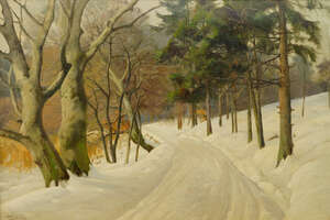 
	
		Harald Pryn, Danish 1891-1968- Woodland track in winter; oil on canvas, signed, 50 x...