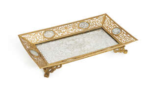 
	
		A French gilt-metal and silver foil rectangular table top tray, late 19th/early 20th...