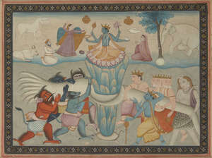 Churning of the ocean of milk, Kangra,
India, circa 1810,
opaque pigments on paper, an...