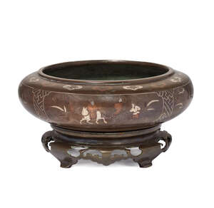 
	
		A Chinese bronze and inlaid censer on stand, late Qing dynasty, the sides decorated with...