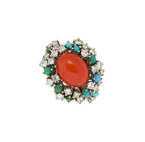 
	
		An 18ct gold coral diamond and gem cluster ring, the central cabochon coral, corallium...