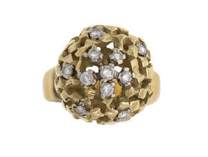 
	
		A diamond ring, by John Donald, designed as an open work textured sphere accented with...