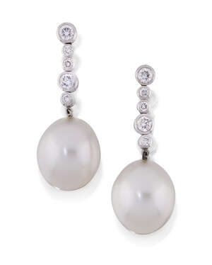 
	
		A pair of cultured pearl and diamond earrings, the ovoid cultured pearl drops,...