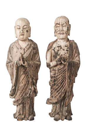 
	
		A pair of Chinese carved wood and painted gesso Lohan, 18th/19th century, both carved...